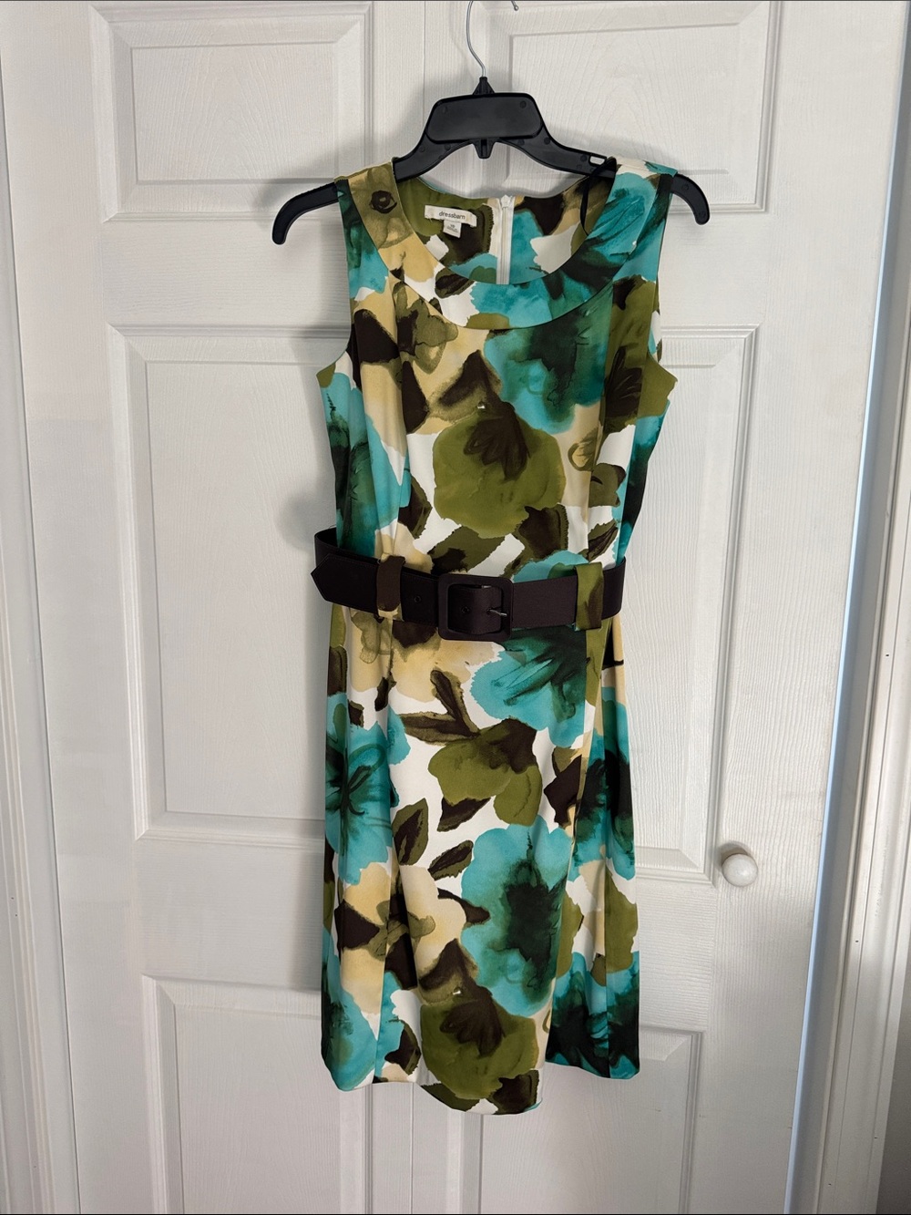 Vintage Dressbarn Teal, Olive & Brown Floral Belted Sheath Dress